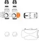 Technische Darstellung von Komponenten eines Heizungsventils, einschließlich einer Durchflussregelung und unterschiedlichen Anschlussstücken, vom Hersteller IMI Hydronic Engineering.